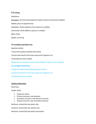 Section 8 notes: Ecology. IGCSE Biology.