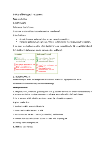 Section 9 notes: Use of biological resources. IGCSE Biology.