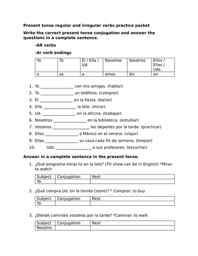 Present tense regular and irregular verbs practice packet