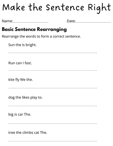 printable simple rearrange sentences worksheet for grade 1 with answers