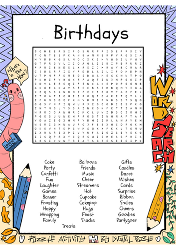 Birthdays word search puzzle worksheet activity