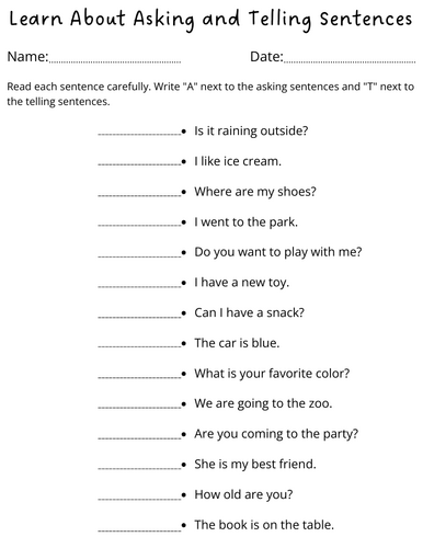 1st grade asking and telling sentences worksheets