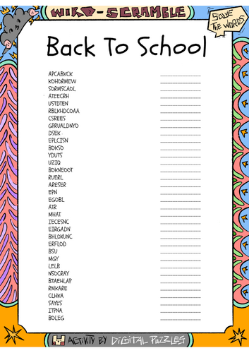 Back To School word scramble puzzle worksheet activity