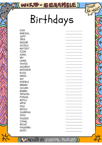 Birthdays word scramble puzzle worksheet activity