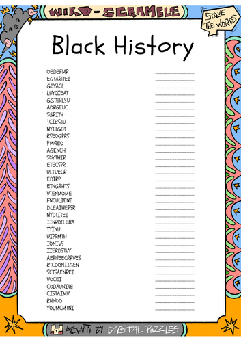 Black History word scramble puzzle worksheet activity