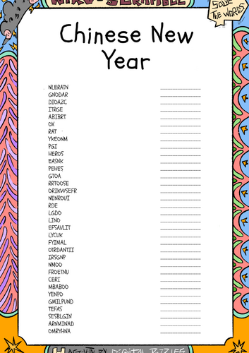 Chinese New Year word scramble puzzle worksheet activity