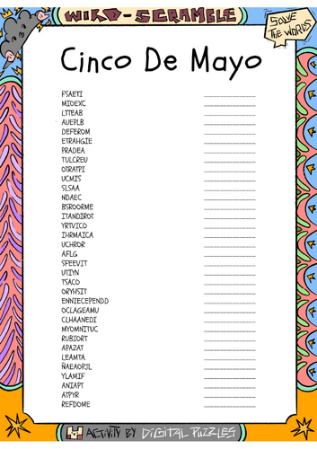 Cinco De Mayo word scramble puzzle worksheet activity