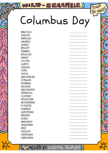 Columbus Day word scramble puzzle worksheet activity