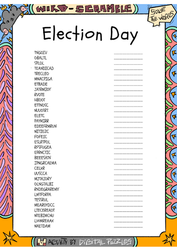 Election Day word scramble puzzle worksheet activity