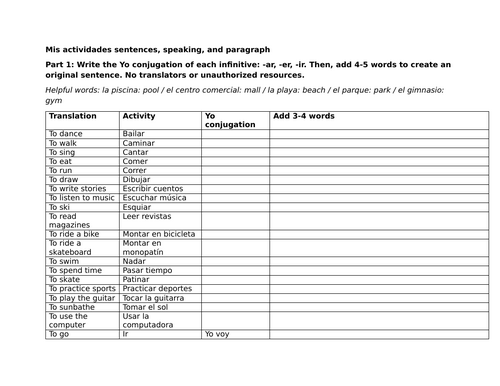 Mis actividades: Sentences, speaking, and paragraph