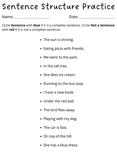 sentence and non sentence worksheet for grade 1