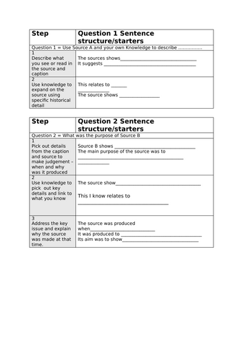 Eduqas History Germany in transition 1G Exam questions structure sheet