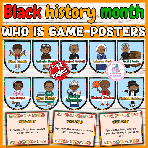 Black history month who is game posters Famous black figures bulletin board Set