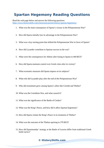 Spartan Hegemony Reading Questions Worksheet