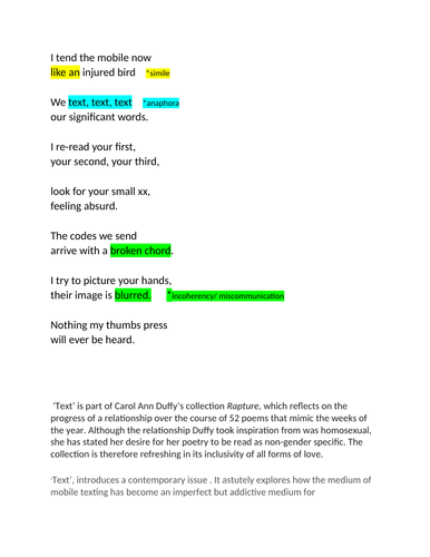 A LEVEL ENGLISH LITERATURE poetry analysis Carol Ann Duffy "Text"