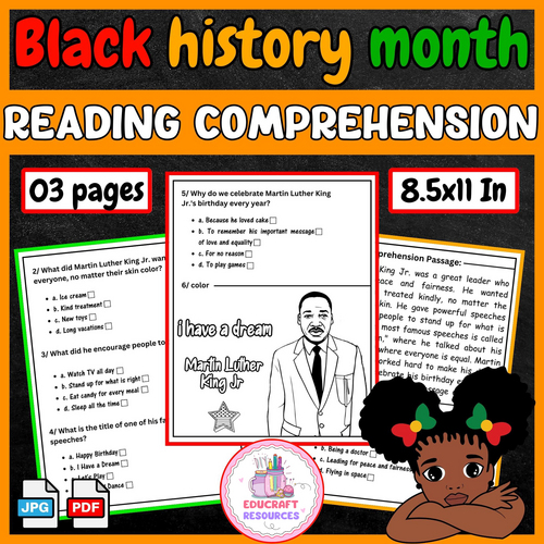 Black history month Martin Luther King Jr day Reading Comprehension Passage BHM