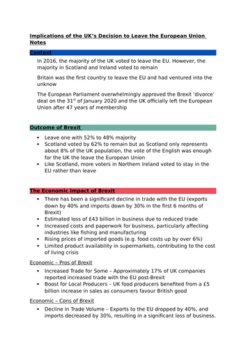 Higher Modern Studies Implications of Brexit Notes | Word Document