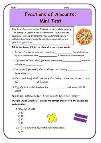 Fractions of Amounts - Mini Test with Answers