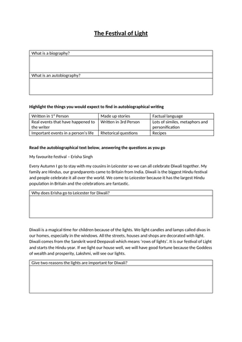 English KS3 Diwali Comprehension, Diary Extract and Poetry Writing