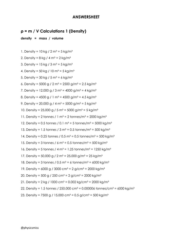 GCSE Physics Workhsheets [p = m / V] Density Calculations w solutions