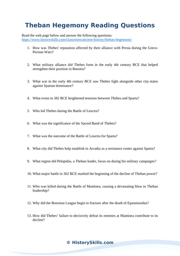 Theban Hegemony Reading Questions Worksheet