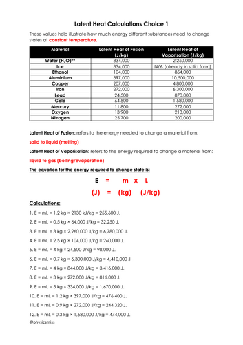 GCSE Physics Worksheets [E = mL] Latent Heat Calculations Choice 1 w solutions