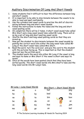 Hands on Teaching Discrimination of Long and Short Vowels Activity