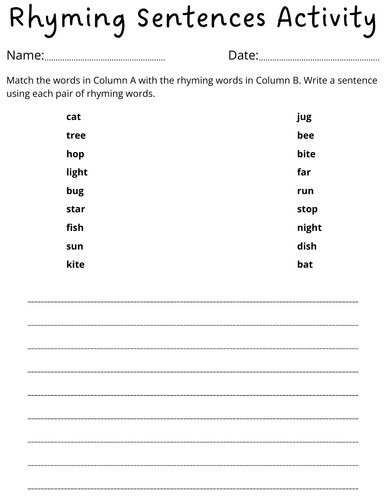 Simple Rhyming Sentences Activity for grade 1