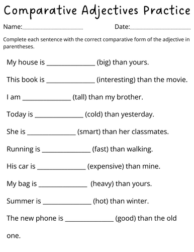 comparative adjectives activities for grade 1