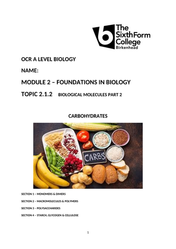 OCR A Level Biology A H420 Biological Molecules Carbohydrates