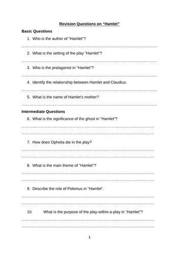 Worksheet with 25 Questions on Shakespeare's "Hamlet"