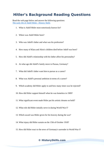 Hitler’s Early Years Reading Questions Worksheet