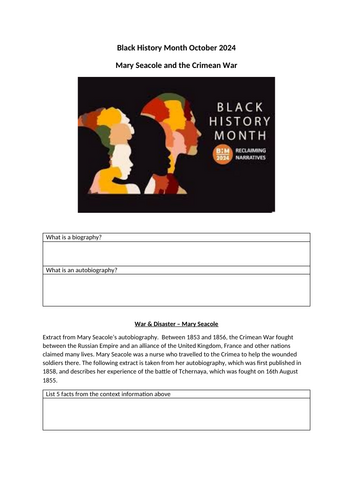 Mary Seacole Black History Month October 2024 Reading Comprehension Writing English / History / PSHE