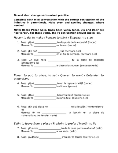 Go and stem change verbs mixed practice