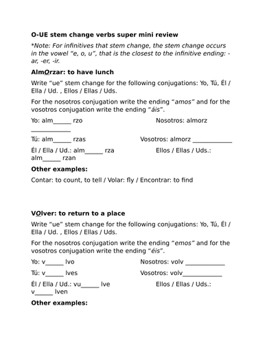 O-UE stem change verbs super mini review