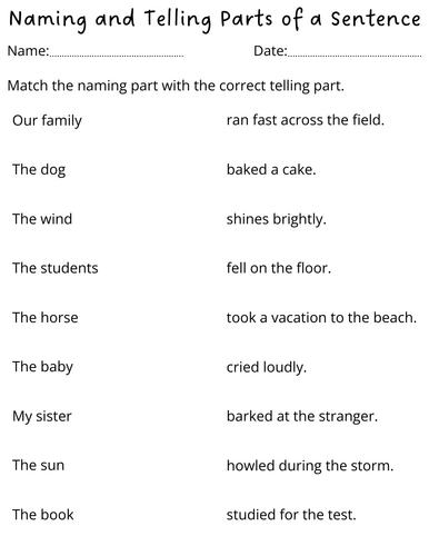 naming part and telling part of a sentence worksheets