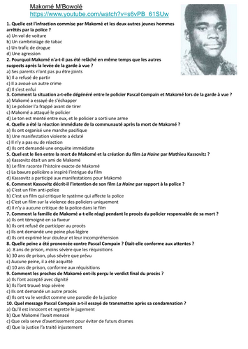 Makomé M'Bowolé Video Comprehension Worksheet (for teaching 'La Haine')