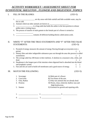 ACTIVITY OR ASSESSMENT SHEET WITH ANSWERS  FOR ECOSYSTEM, DIGESTION, FLOWER, AND SKELETON