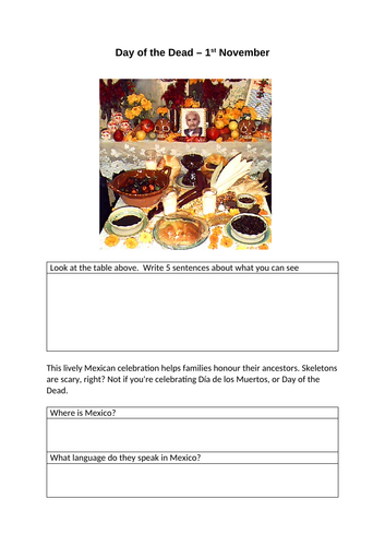 English KS3 / KS4 Day of the Dead 1st November Reading Comprehension Analysis and Writing