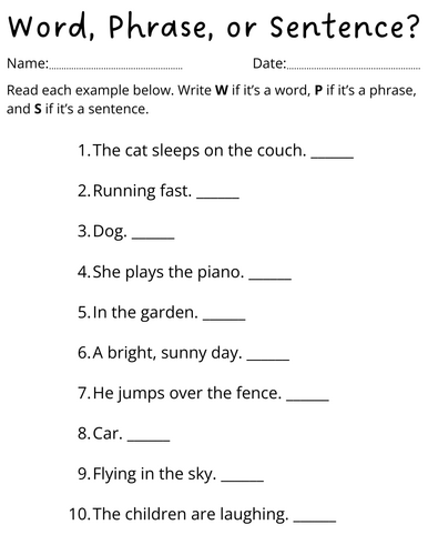 word phrase sentence worksheet for grade 2