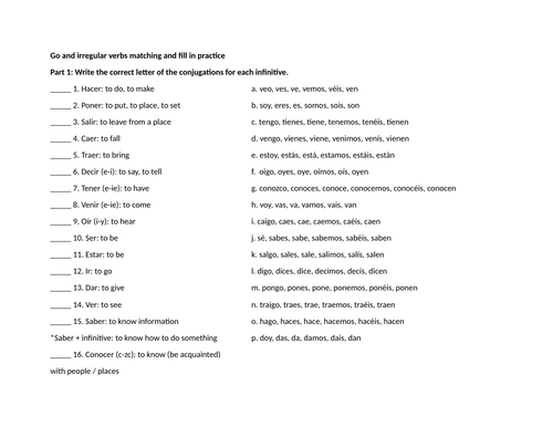 Go and irregular verbs matching and fill in practice