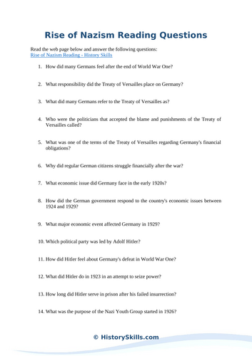 Rise of Nazism Reading Questions Worksheet