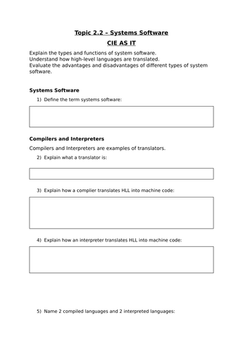 CIE AS & A level IT 2.2 - Systems Software Worksheet