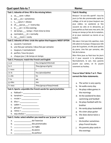 French sports & activities revision worksheet