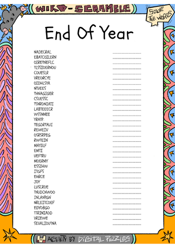 End Of Year word scramble puzzle worksheet activity