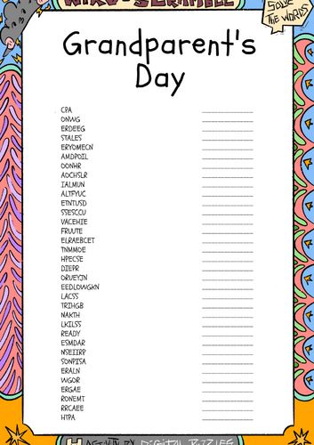 Grandparent's Day word scramble puzzle worksheet activity