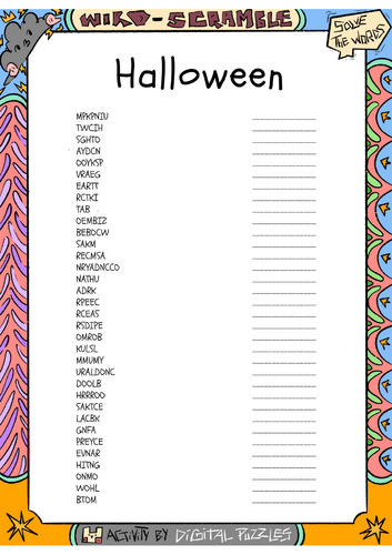 Halloween word scramble puzzle worksheet activity