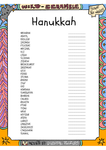 Hanukkah word scramble puzzle worksheet activity