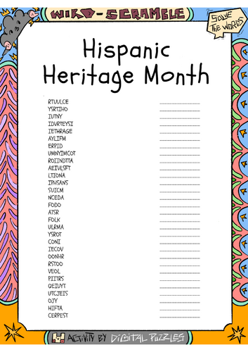 Hispanic Heritage Month word scramble puzzle worksheet activity