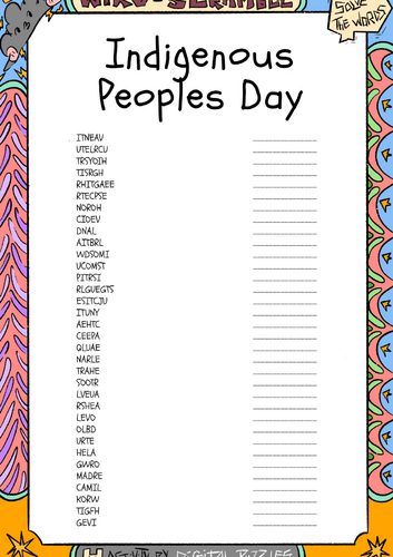 Indigenous Peoples Day word scramble puzzle worksheet activity